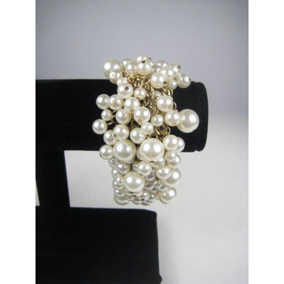 Imitation Pearl Multi Strand Bracelet Goldtone Chain Charm Statement Adjustable - Picture 4 of 6